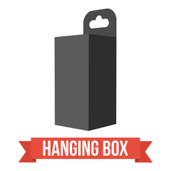 Black paper hanging box set. Packaging container with hanging hole. Mock up template. Vector illustration on white background.