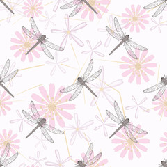 Seamless floral pattern background. pink flowers, dragonflies on a white background.