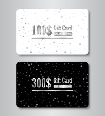 Gift card silver template with glowing confetti shapes. Shopping glittering premium certificate.
