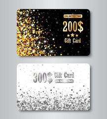 Gift card gold and silver layout template with glowing confetti. Shopping glittering premium certificate.