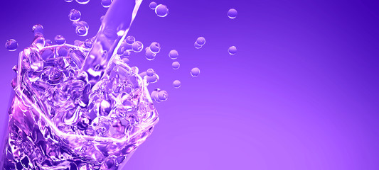 Purple background with a splash of soda in a glass