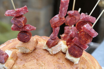 Appetizer on bread, Flea market, Puertomingalvo village, Teruel, Aragon, Spain