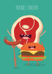 Fast food poster. Funny sausage, steak and hamburger. Vector illustrations.