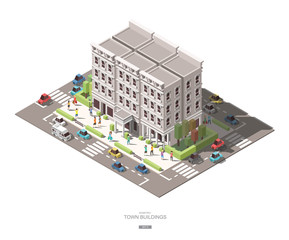 isometric town buildings with people, car and tree vector icon d