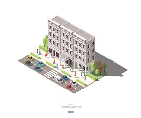 isometric town buildings with people, car and tree vector icon d