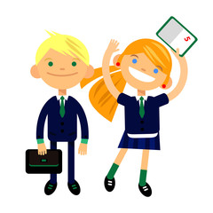 two students, schoolchild, cute boy and girl in the form of a white background.