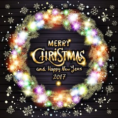 Glowing White Christmas Lights Wreath for Xmas Holiday Greeting Cards Design. Wooden Hand Drawn Background.