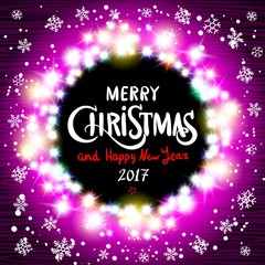 Merry Christmas and Happy New Year 2017 greeting card with beautiful fireworks in the night. Shining Christmas background. Vector illustration.