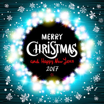 Merry Christmas and Happy New Year 2017 realistic ultra blue colorful light garlands like round frame on a transparent background, vector. Vector vintage retro christmas label on blurred background