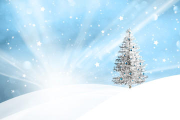 Winter snowy landscape with sun beams and with lovely snowy Christmas tree decoration background.