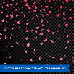 Hearts petals confetti falling on transparent background Valentine Day design