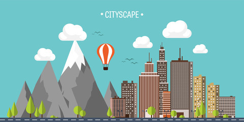 Obraz premium City in summer. Urban landscape with mountains. Town. Mountain peak,snow. House in village. Weather.