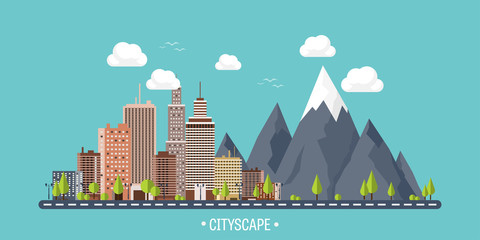 Naklejka premium City in summer. Urban landscape with mountains. Town. Mountain peak,snow. House in village. Weather.