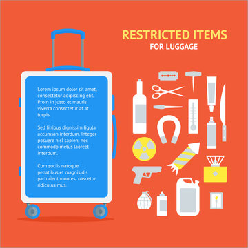 Restricted Items Set And Suitcase Banner Card. Vector