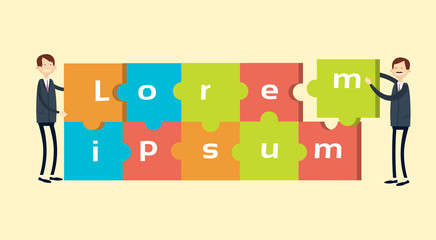 Two Business Man Match Puzzle Parts, Teamwork Success Flat Vector Illustration