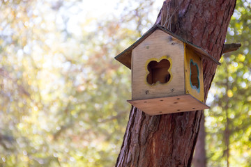 Wooden birdhouse on a tree.