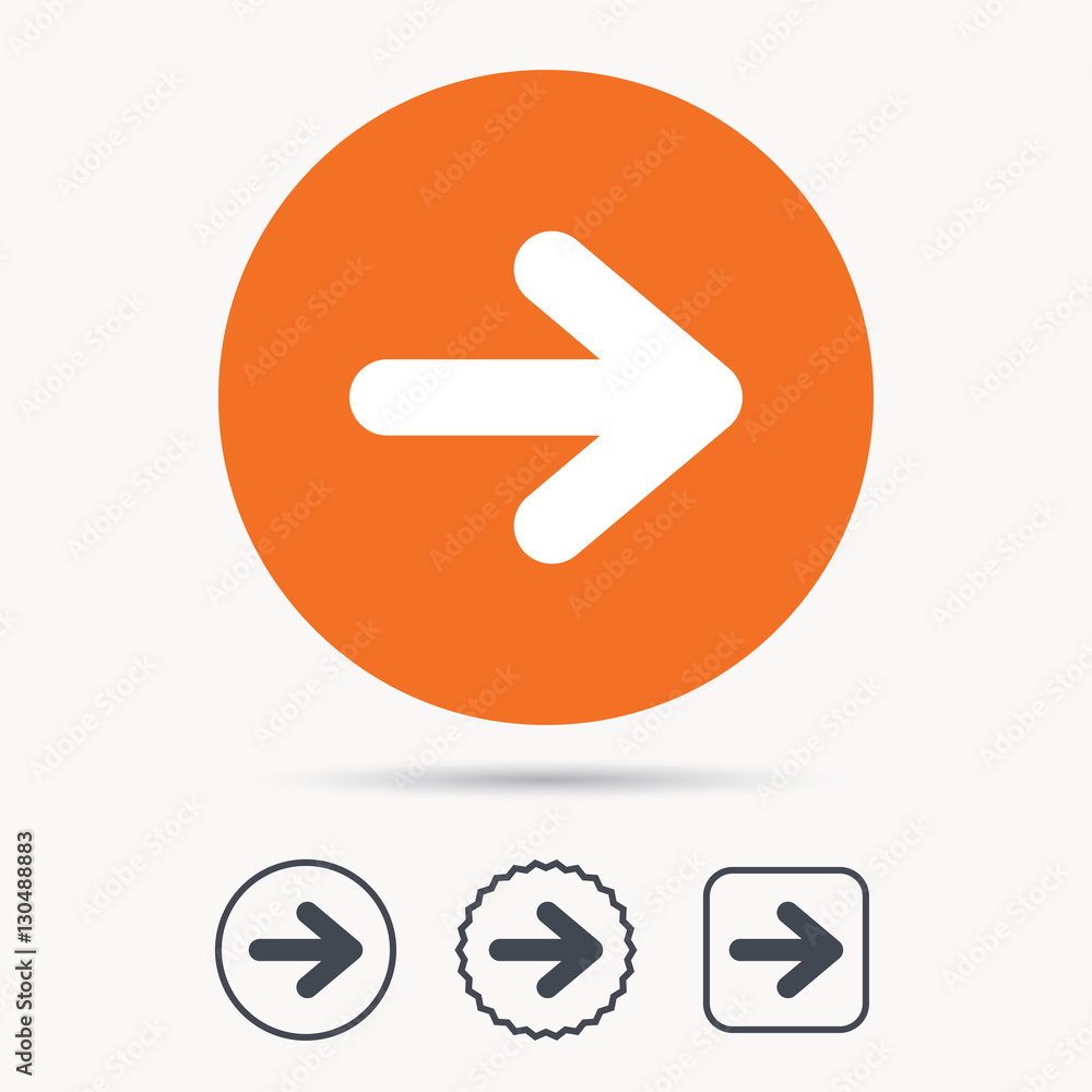 Aufkleber arrow icon. next navigation symbol. orange circle button with web icon. star and square design. vect