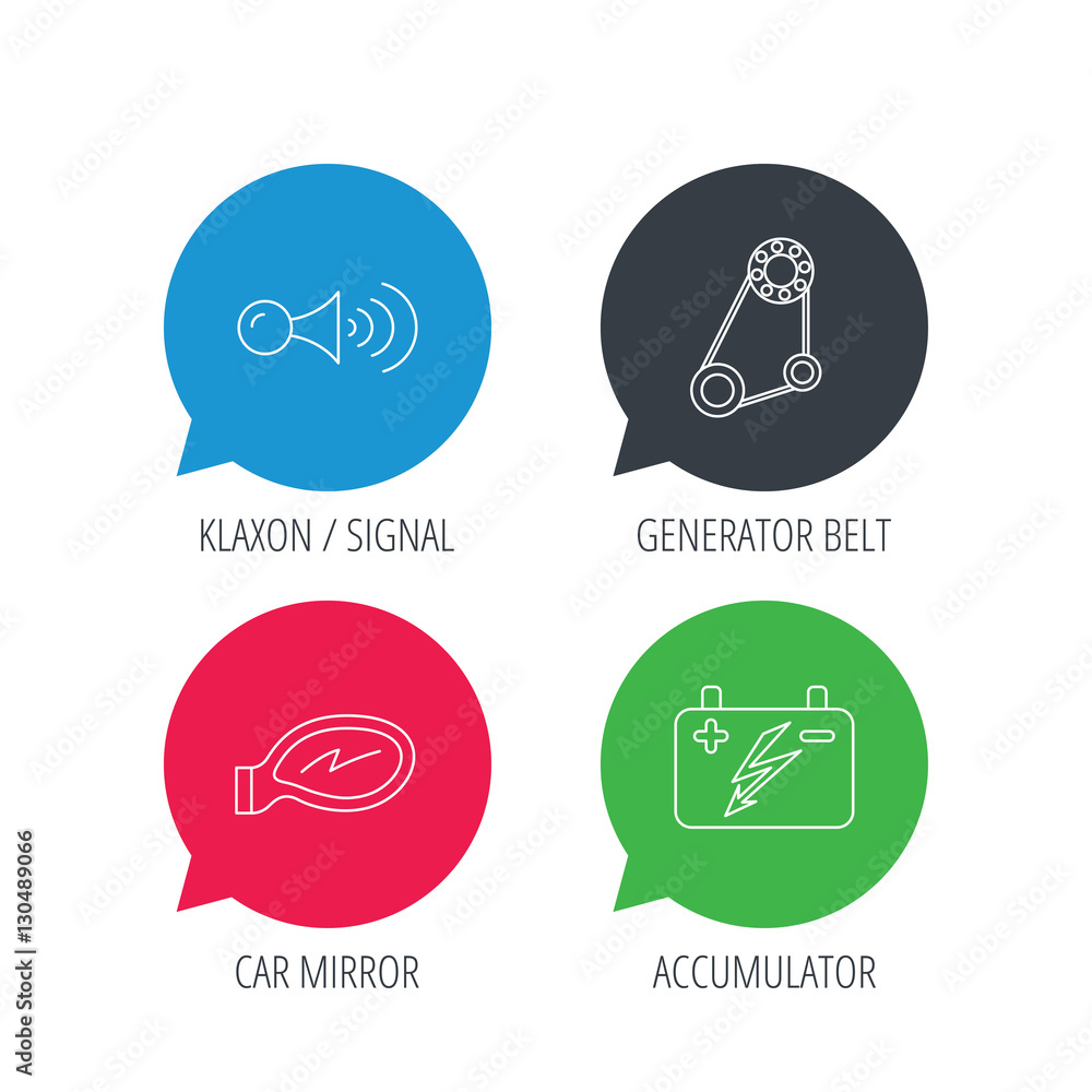 Poster colored speech bubbles. accumulator, klaxon signal and generator belt icons. accumulator linear sign
