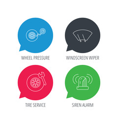 Colored speech bubbles. Wheel pressure, tire service and siren alarm icons. Car repair service station linear sign. Flat web buttons with linear icons. Vector