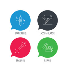 Colored speech bubbles. Accumulator, spanner tool and car service icons. Repair toolbox, spark plug linear signs. Flat web buttons with linear icons. Vector