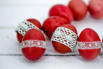 Red Easter eggs on a white background