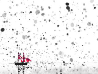 frigate with scarlet ( red ) sails with the snow or ashes on a background. abstract background.