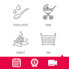 Achievement and video cam signs. Pram carriage, spoon and drops icons. Bubbles, crib bed linear signs. Calendar icon. Vector