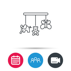 Baby toys icon. Butterfly, elephant and bear sign. Entertainment for newborn symbol. Group of people, video cam and calendar icons. Vector