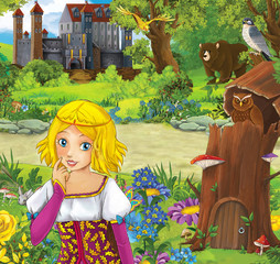 Obraz na płótnie Canvas Cartoon scene with beautiful princess in front of some castle - standing in the forest - illustration for children