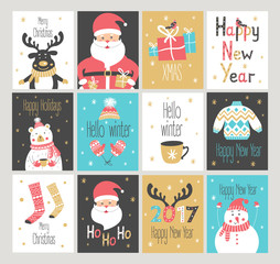 Set of New Year and Christmas greetings cards. Vector illustration