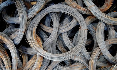 Coils of old galvanized wires with traces of rust