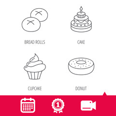 Achievement and video cam signs. Cupcake, cake and bread rolls icons. Sweet donut linear sign. Calendar icon. Vector