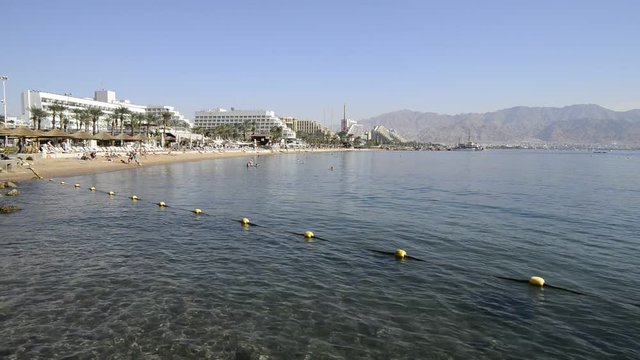 Central public beach of Eilat - famous resort and recreation city in Israel