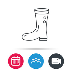 Boots icon. Garden rubber shoes sign. Waterproof wear symbol. Group of people, video cam and calendar icons. Vector