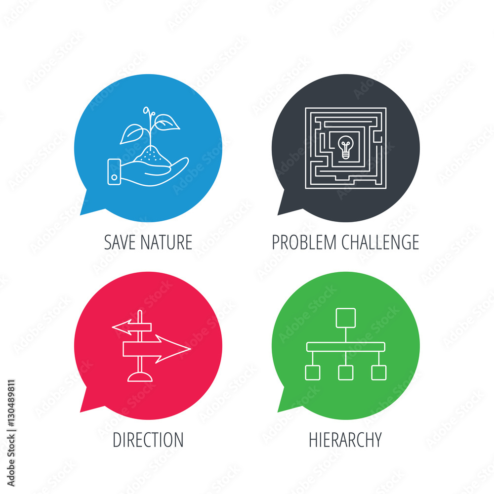 Poster colored speech bubbles. hierarchy, save nature and direction arrow icons. maze linear sign. flat web