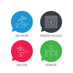 Colored speech bubbles. Hierarchy, save nature and direction arrow icons. Maze linear sign. Flat web buttons with linear icons. Vector