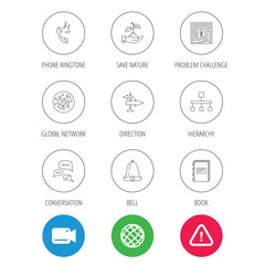 Conversation, global network and direction icons. Save nature, maze and book linear signs. Bell and phone ringtone flat line icons. Video cam, hazard attention and internet globe icons. Vector