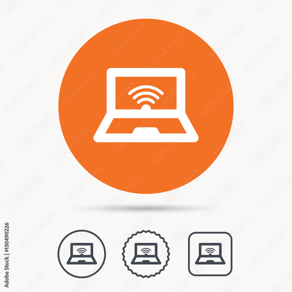 Poster computer with wifi icon. notebook or laptop pc symbol. orange circle button with web icon. star and 