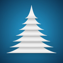 Fototapeta premium Abstract white paper cut Christmas tree on blue background.