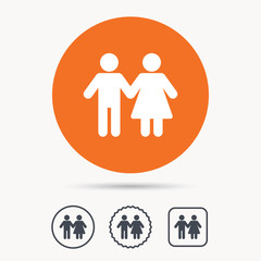 Couple icon. Traditional young family symbol. Orange circle button with web icon. Star and square design. Vector