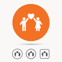 Couple love icon. Traditional young family symbol. Orange circle button with web icon. Star and square design. Vector
