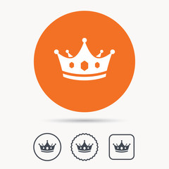 Crown icon. Royal throne leader symbol. Orange circle button with web icon. Star and square design. Vector