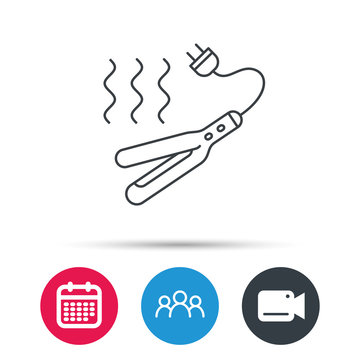 Curling iron icon. Hairstyle electric tool sign. Group of people, video cam and calendar icons. Vector
