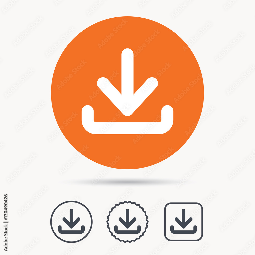 Poster download icon. load internet data symbol. orange circle button with web icon. star and square design