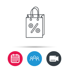 Shopping bag icon. Sale and discounts sign. Supermarket handbag symbol. Group of people, video cam and calendar icons. Vector