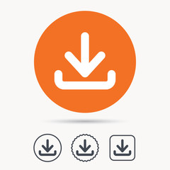 Download icon. Load internet data symbol. Orange circle button with web icon. Star and square design. Vector