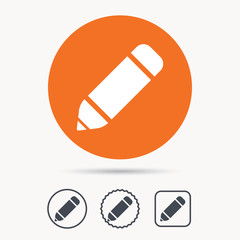 Edit icon. Pencil for drawing symbol. Orange circle button with web icon. Star and square design. Vector