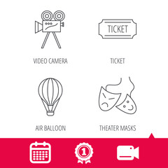 Fototapeta premium Achievement and video cam signs. Video camera, ticket and theatre masks icons. Air balloon linear sign. Calendar icon. Vector