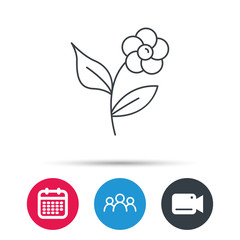 Flower with petals icon. Plant with leaves sign. Floral decoration symbol. Group of people, video cam and calendar icons. Vector