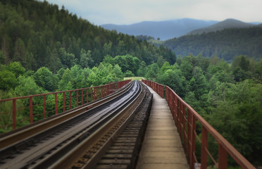 Fototapeta na wymiar Railway in the forest in the mountains. Blurred background. The existing railroad on the bridge, located in Ukraine, Carpathian mountains. Forest mist atmosphere.